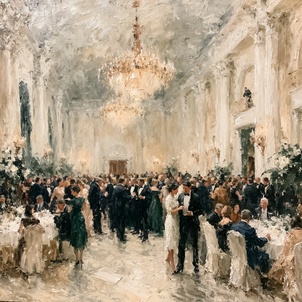 An elegant embassy ballroom filled with formally dressed dignitaries