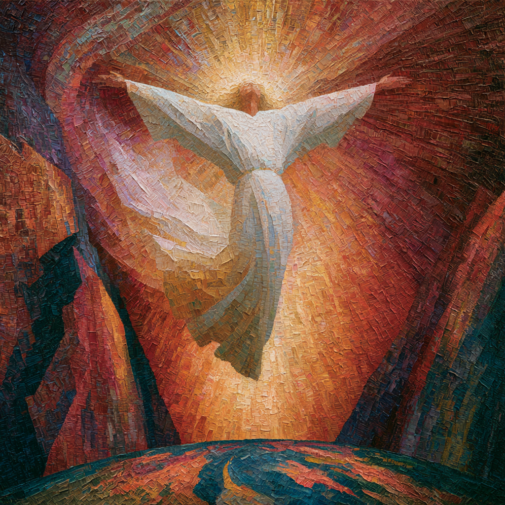Capricorn 3 - An ethereal, luminous female figure of light descending toward earth with arms outstretched