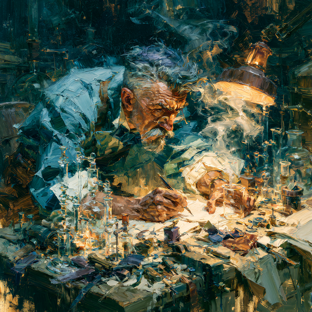 An inventor bent intently over a cluttered laboratory workbench, glass apparatus and mismatched tools arranged mid-experiment