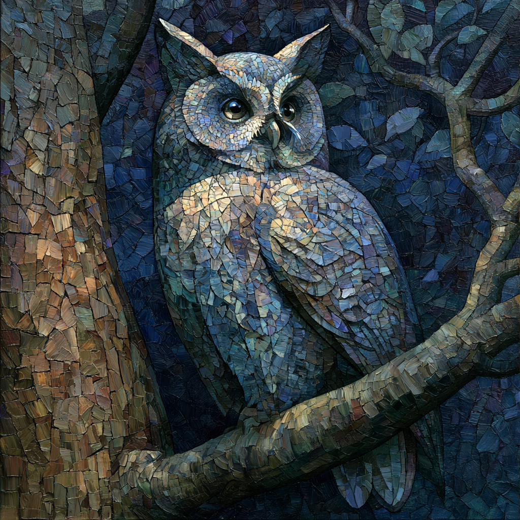 Sagittarius 5 - An old owl perched alone on a thick branch of a large tree at night