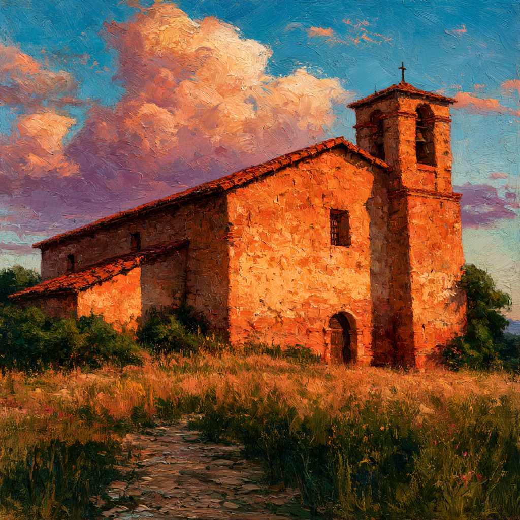 Aquarius 1 - An old, weathered adobe mission standing under a warm California sky