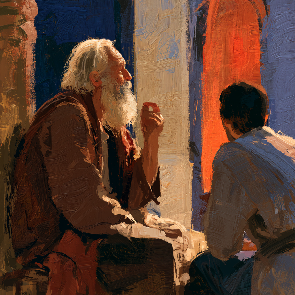Aquarius 24 - An older man seated calmly, talking with wisdom to a younger listener nearby