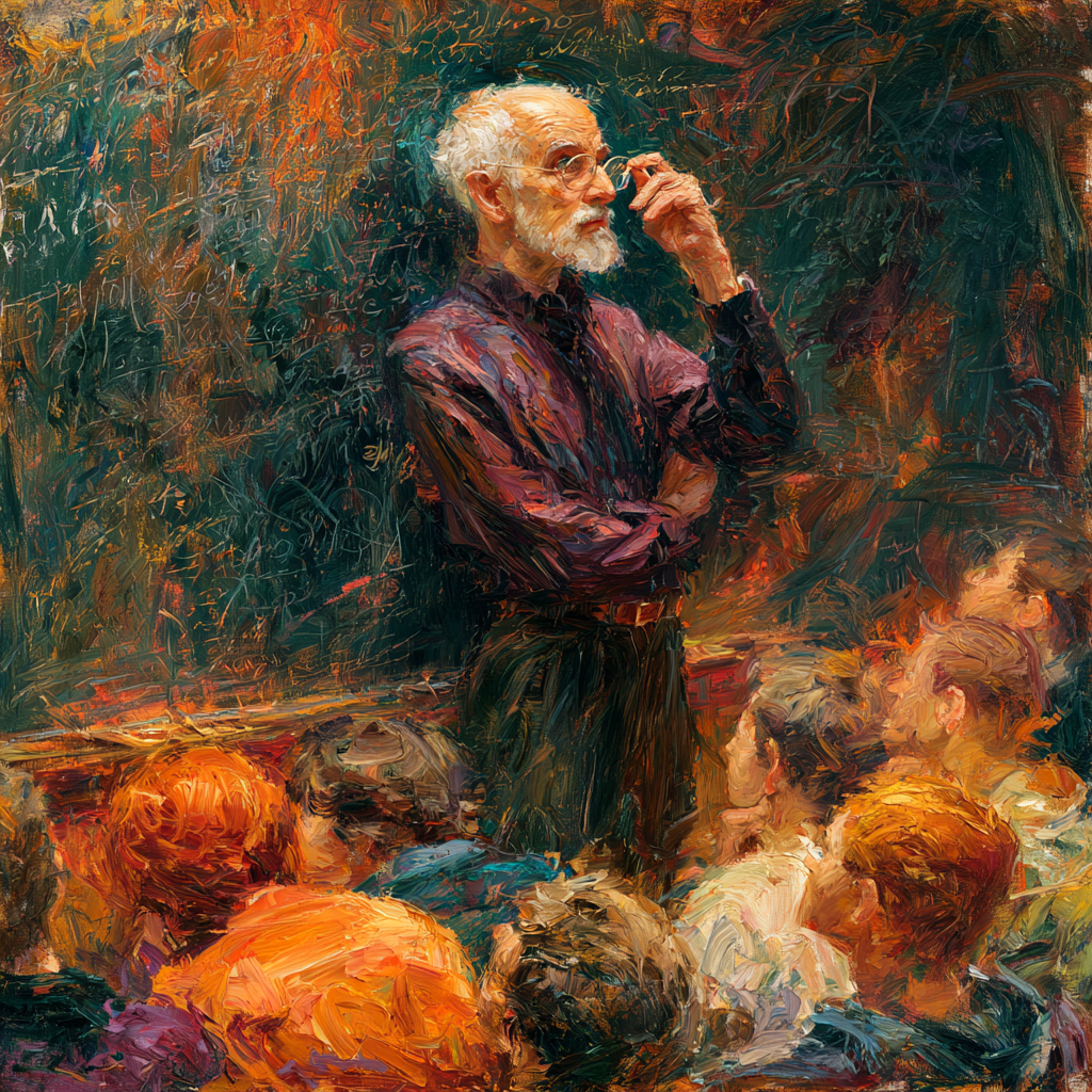 An older professor standing before a chalkboard peering over his glasses