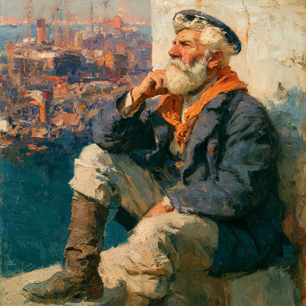 An older, weather-worn sea captain sitting on a bench or wall at the harbour