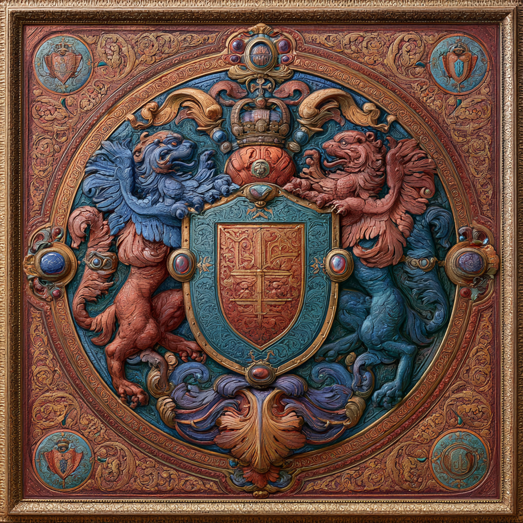 An ornate royal coat of arms rendered in vivid detail heraldic animals