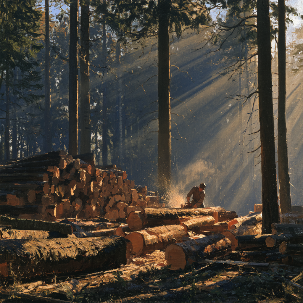 Aquarius 28 - A freshly felled tree being sawed into logs in a quiet forest clearing