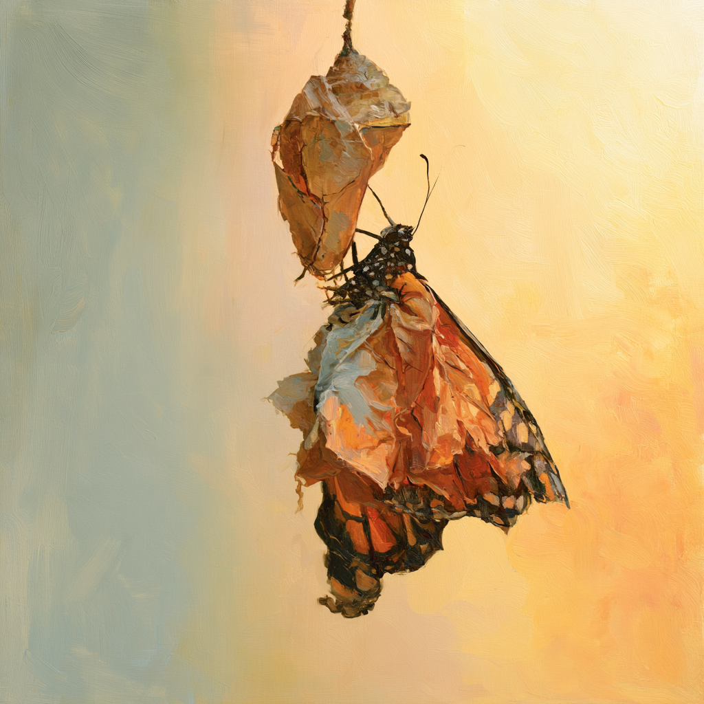 Aquarius 29 - A butterfly emerging from a cracked chrysalis, wings still crumpled and wet, hanging in delicate struggle
