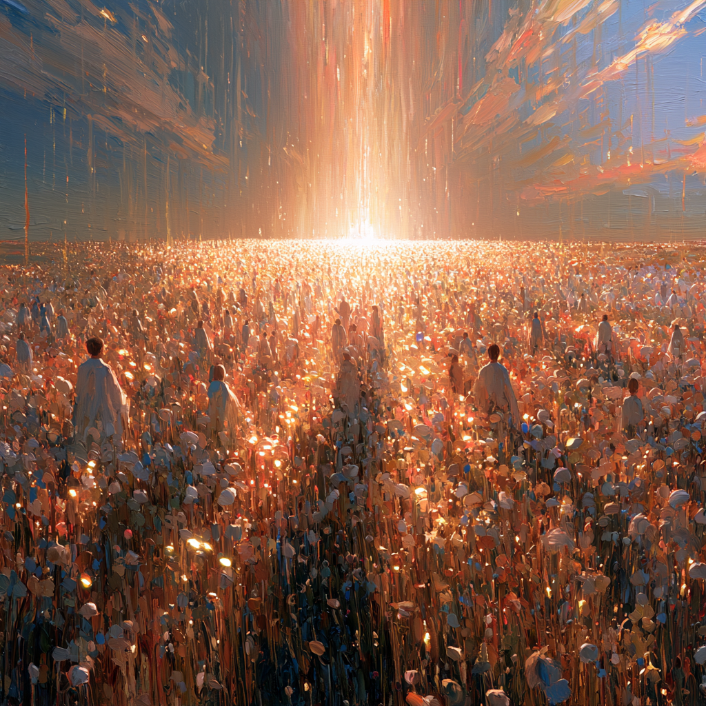 Aquarius 30 - A radiant field of ancient blossoms bathed in glowing, unified light, countless luminous figures merging into a single field of brightness on the horizon