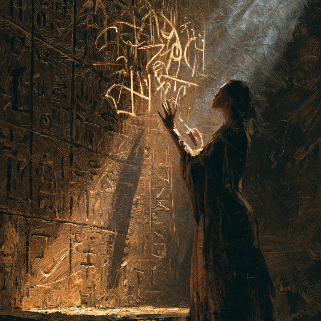 Aries 10 - A teacher standing before ancient carved symbols, reshaping and redrawing them with luminous, fresh lines in the air