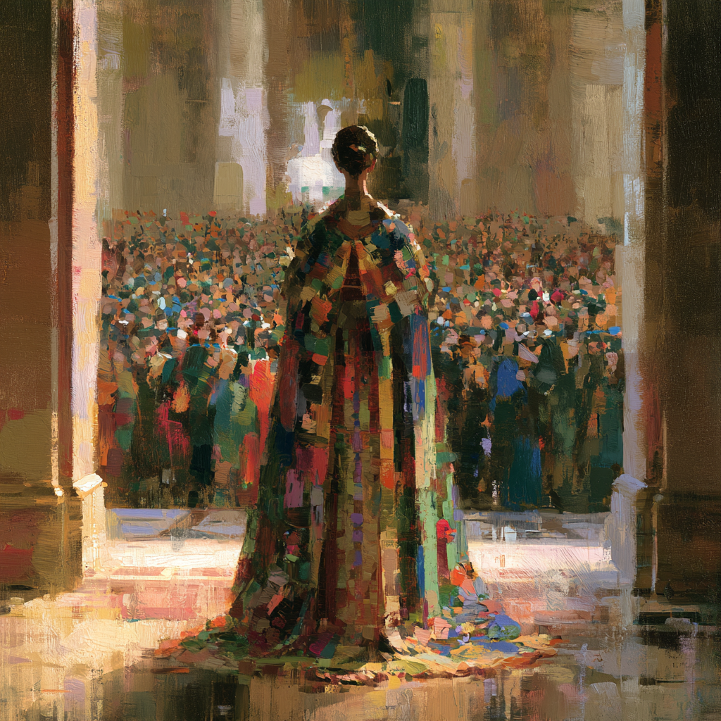 Aries 11 - A solitary woman standing before a grand hall, formal robes of state, a crowd gathered