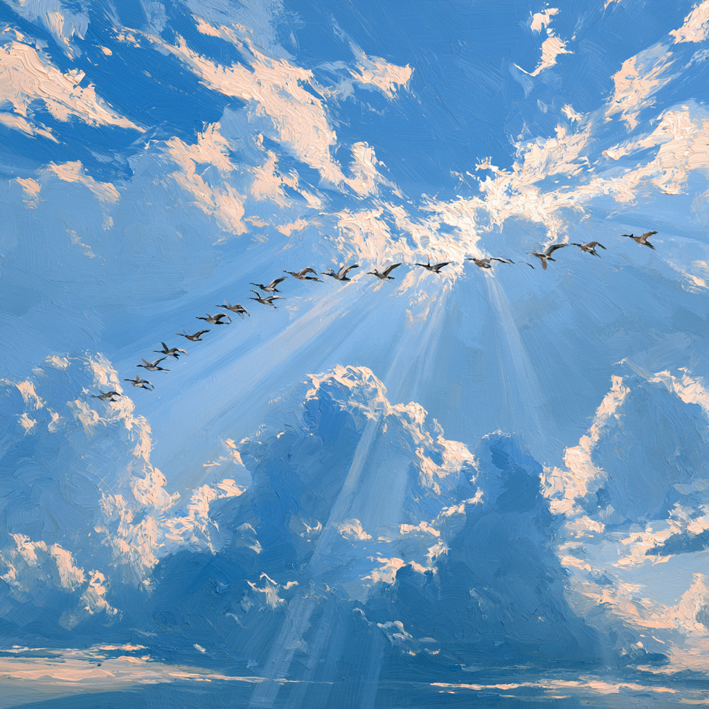 Aries 12 - A triangular flock of wild geese in perfect V-formation flying across a vast, open sky