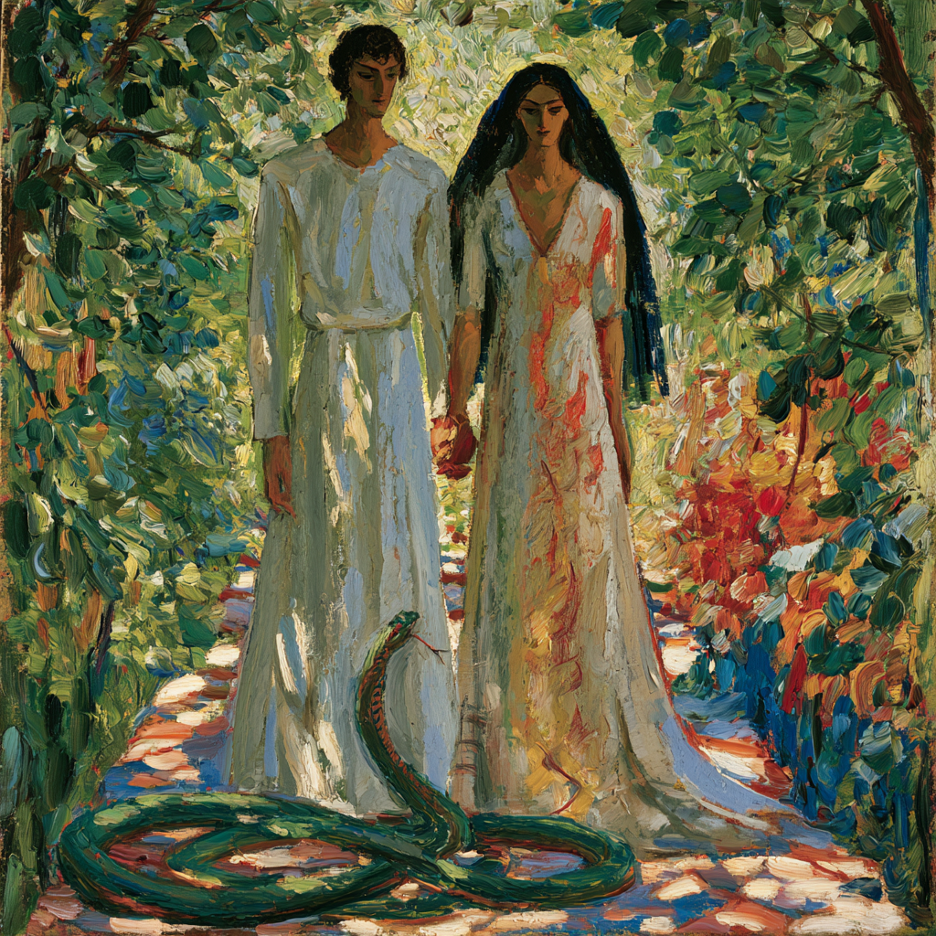 Aries 14 - A man and woman holding hands, both shown head to toe, a big serpent coiling gracefully near them on the ground