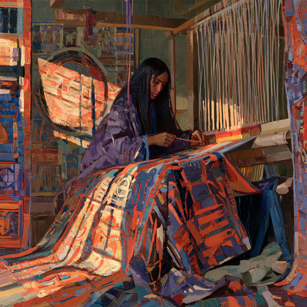Aries 15 - a weaver seated before a loom, ceremonial blanket taking shape in vivid, intricate patterns, warm light