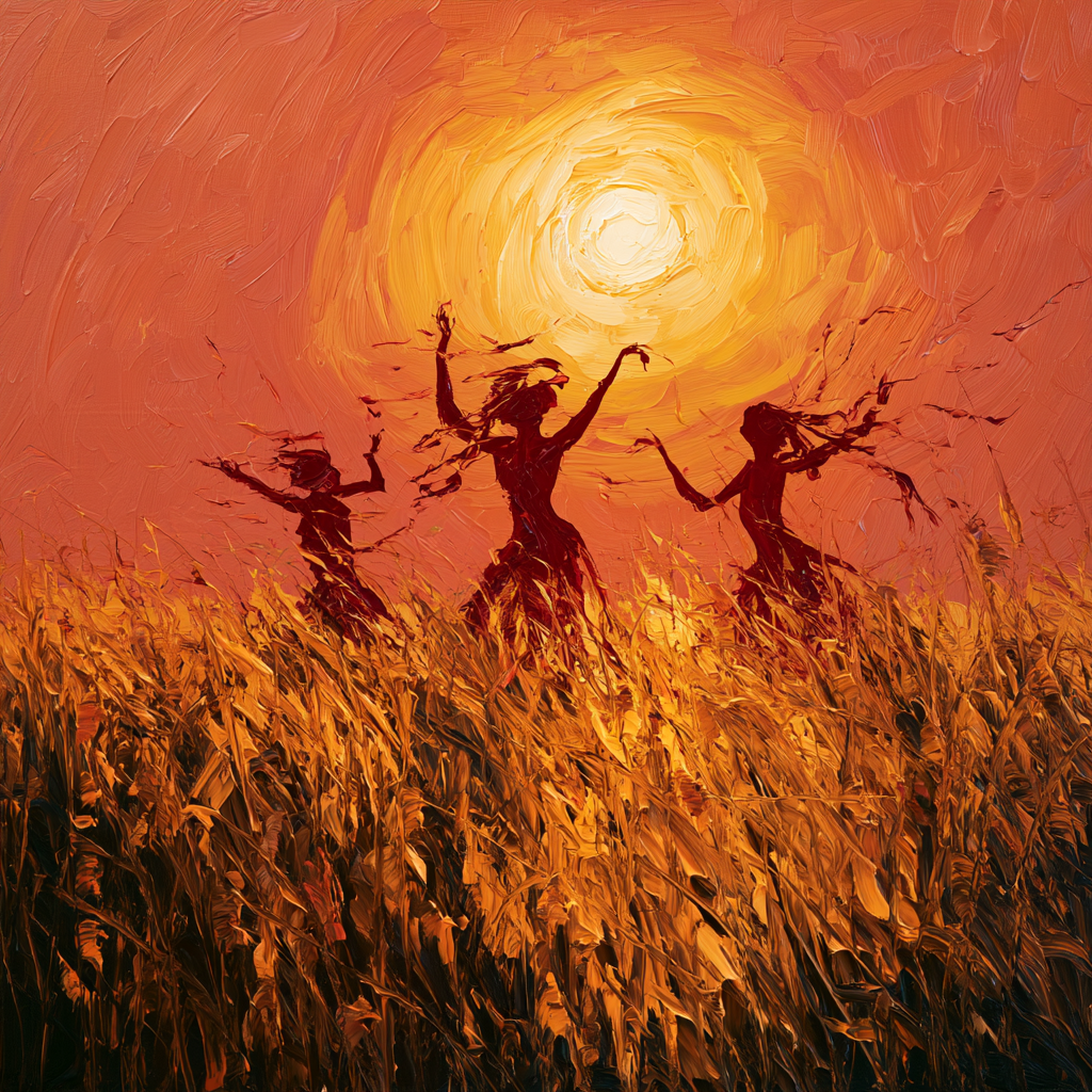 Aries 16 - Small, playful nature spirits dancing joyfully in a golden field, silhouetted against a glowing sunset
