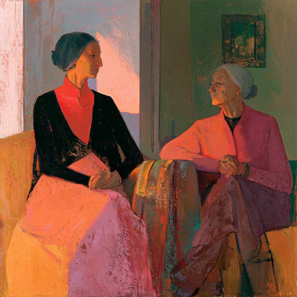 Aries 17 - Two dignified and serene older women seated close together in a quiet parlor