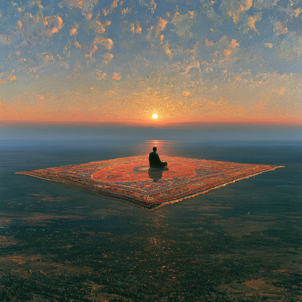 Aries 19 - A richly patterned carpet floating high above a sprawling landscape, a small figure seated calmly at its center