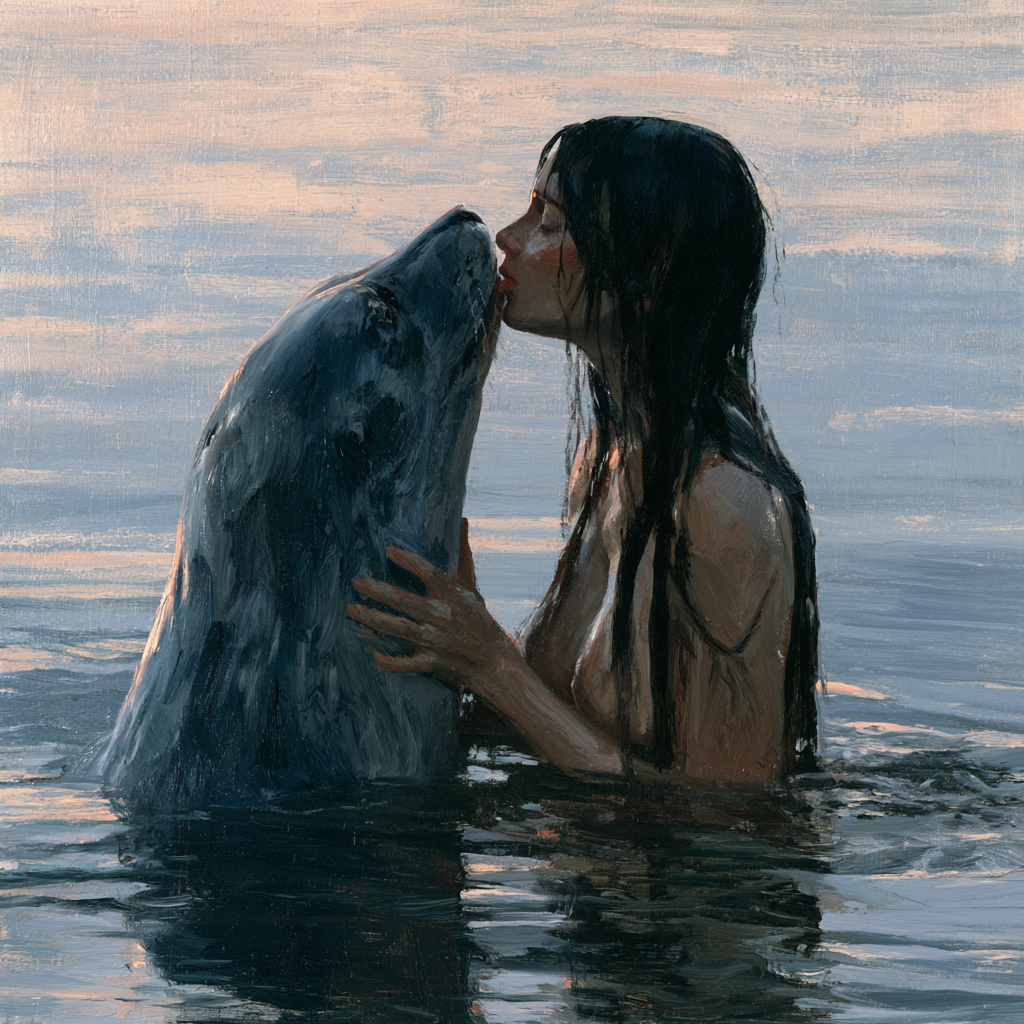 Aries 1 - A woman just risen from the sea, water streaming from her form, a seal rising to embrace her tenderly