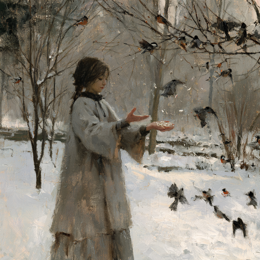Aries 20 - A young girl scattering seed to a flock of birds in a snowy garden
