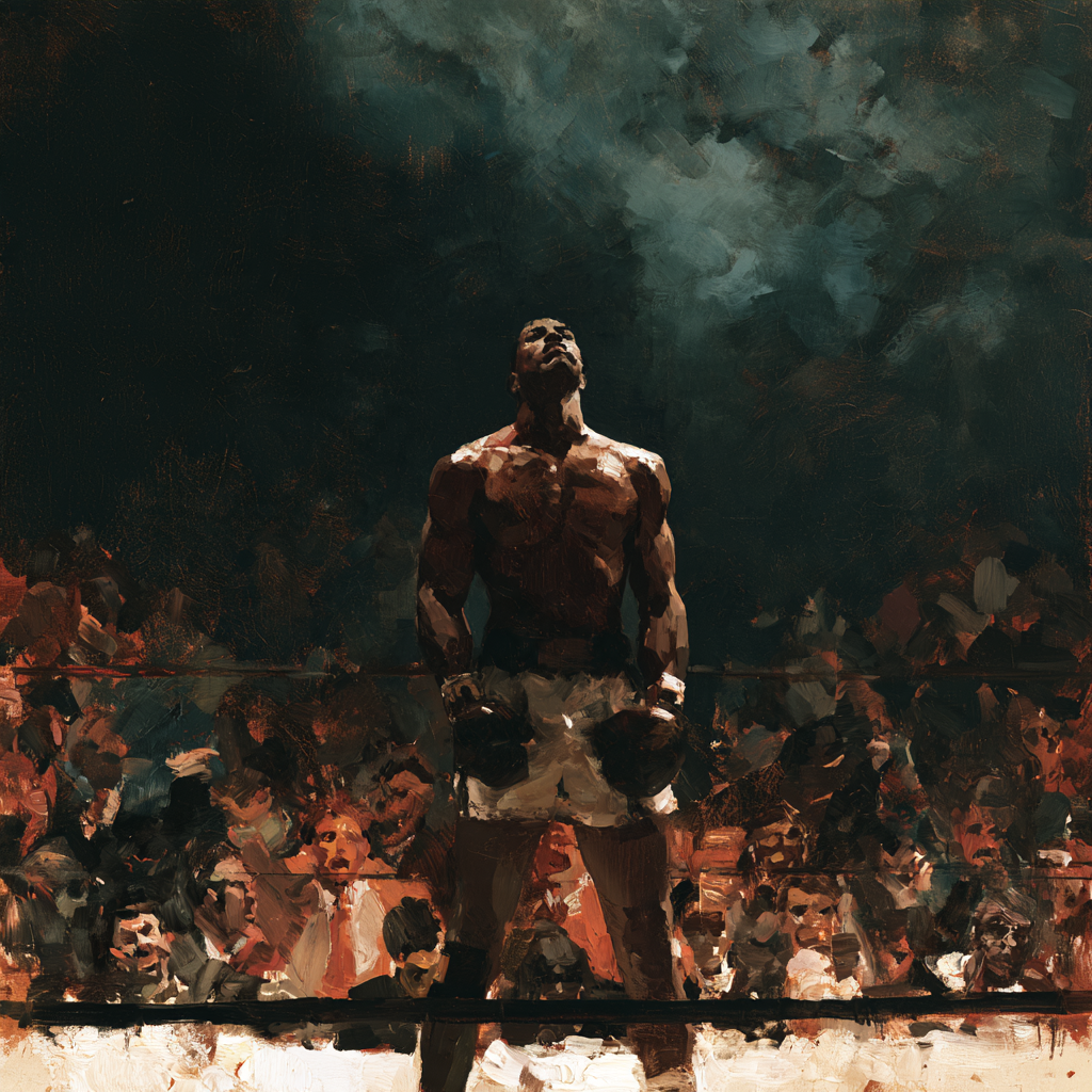 Aries 21 - A lean black American pugilist in the middle of a boxing ring, muscles tensed, his arms with boxing gloves along his body