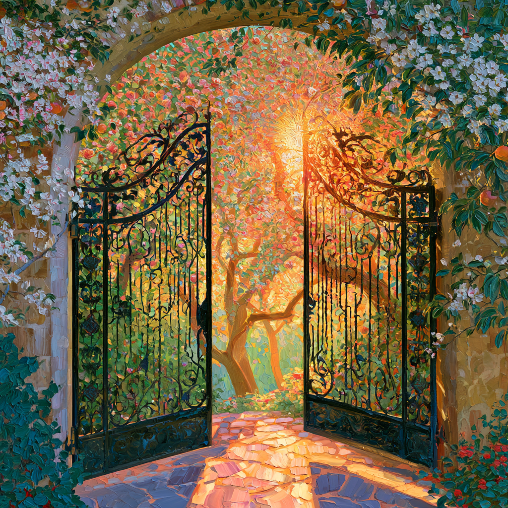 Aries 22 - An ornate garden gate standing open onto a lush, overflowing paradise of fruit trees and blossoms, warm golden light spilling through