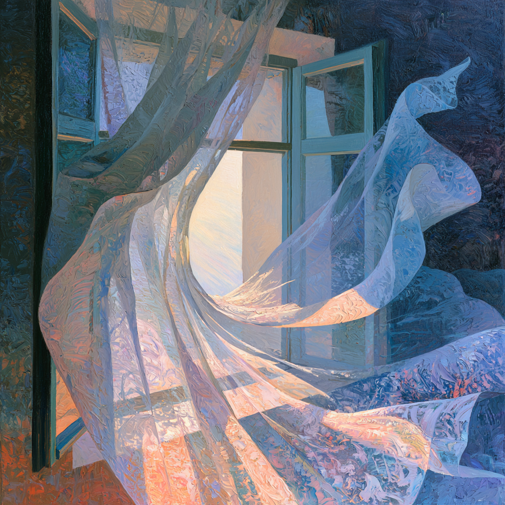 Aries 24 - An open window with sheer, gauzy curtains billowing inward on the wind