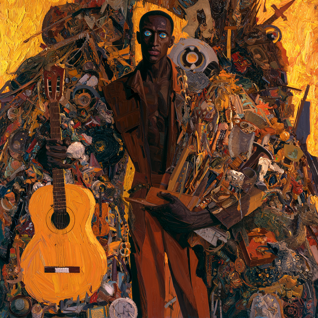 Aries 26 - A dark skin man with surnatural blue eyes standing amid an overflowing pile of tools, instruments, and treasures spilling from his arms, unable to hold them all