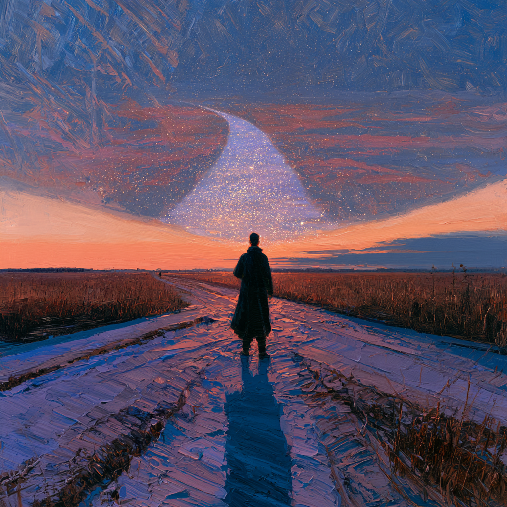 Aries 27 - A figure standing at a crossroads, gazing at a shimmering, translucent vision of a path not taken, hovering like a mirage