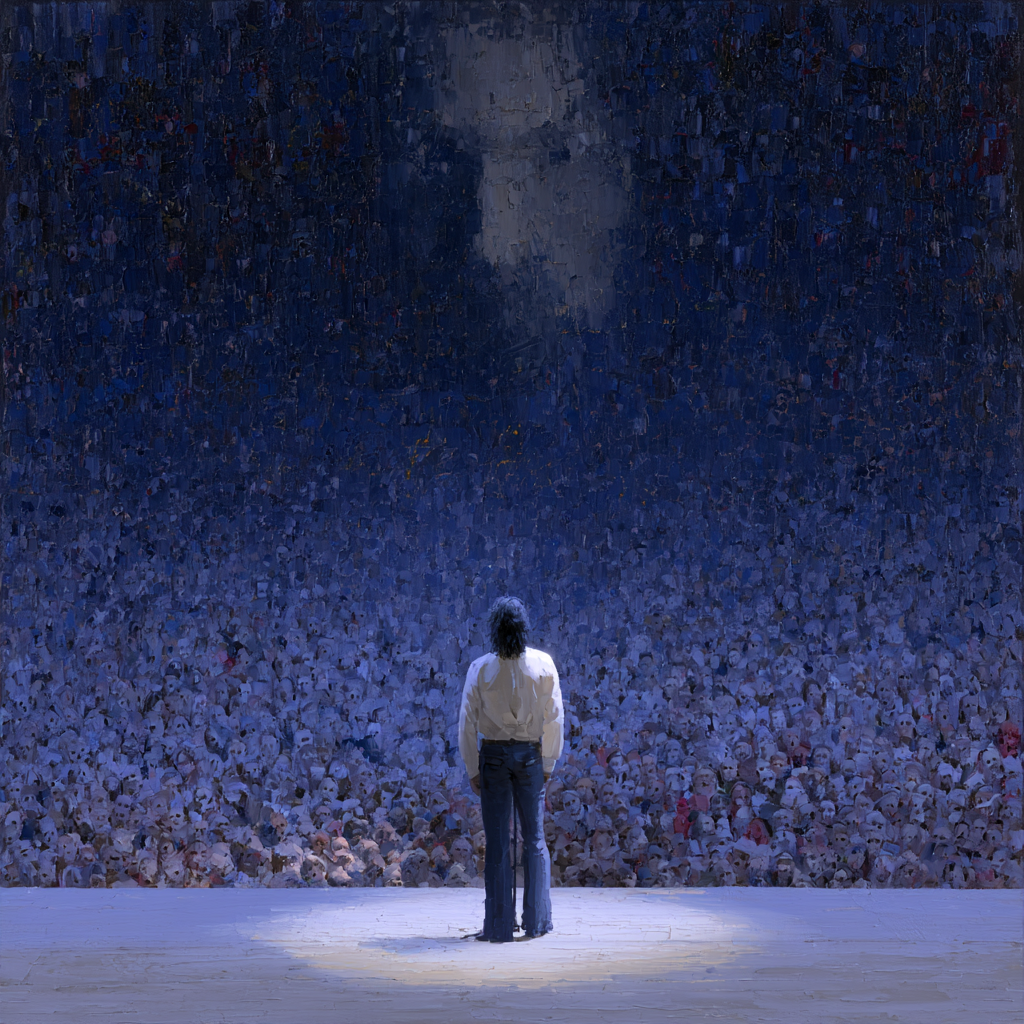 Aries 28 - A performer standing alone on a stage, facing a vast, dimly lit auditorium filled with silent, disappointed faces