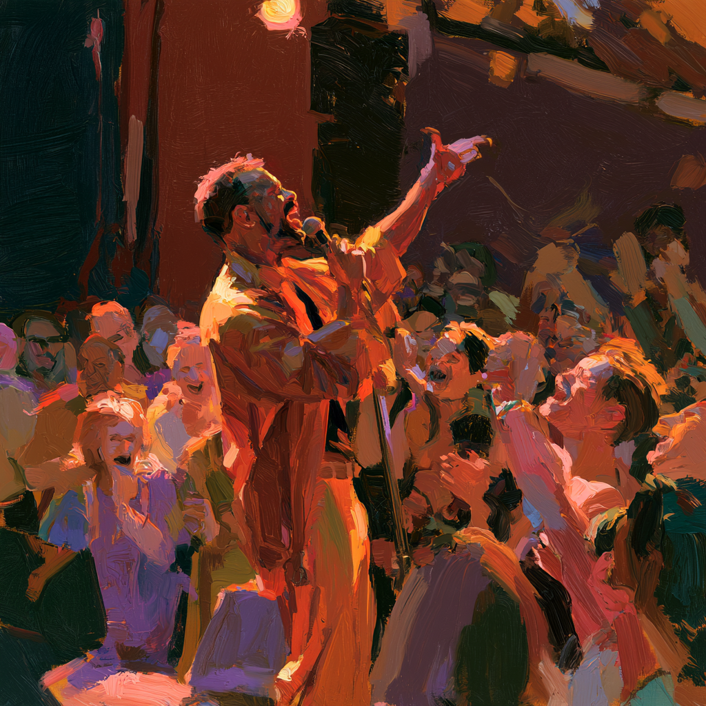 Aries 2 - A comedian mid-performance on a stage with a microphone before a delighted, laughing crowd