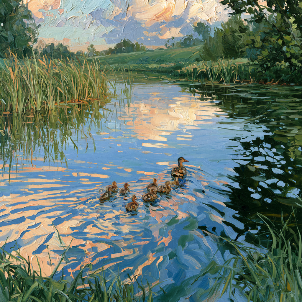 Aries 30 - A peaceful duck pond with a mother duck and her brood of ducklings paddling in gentle formation