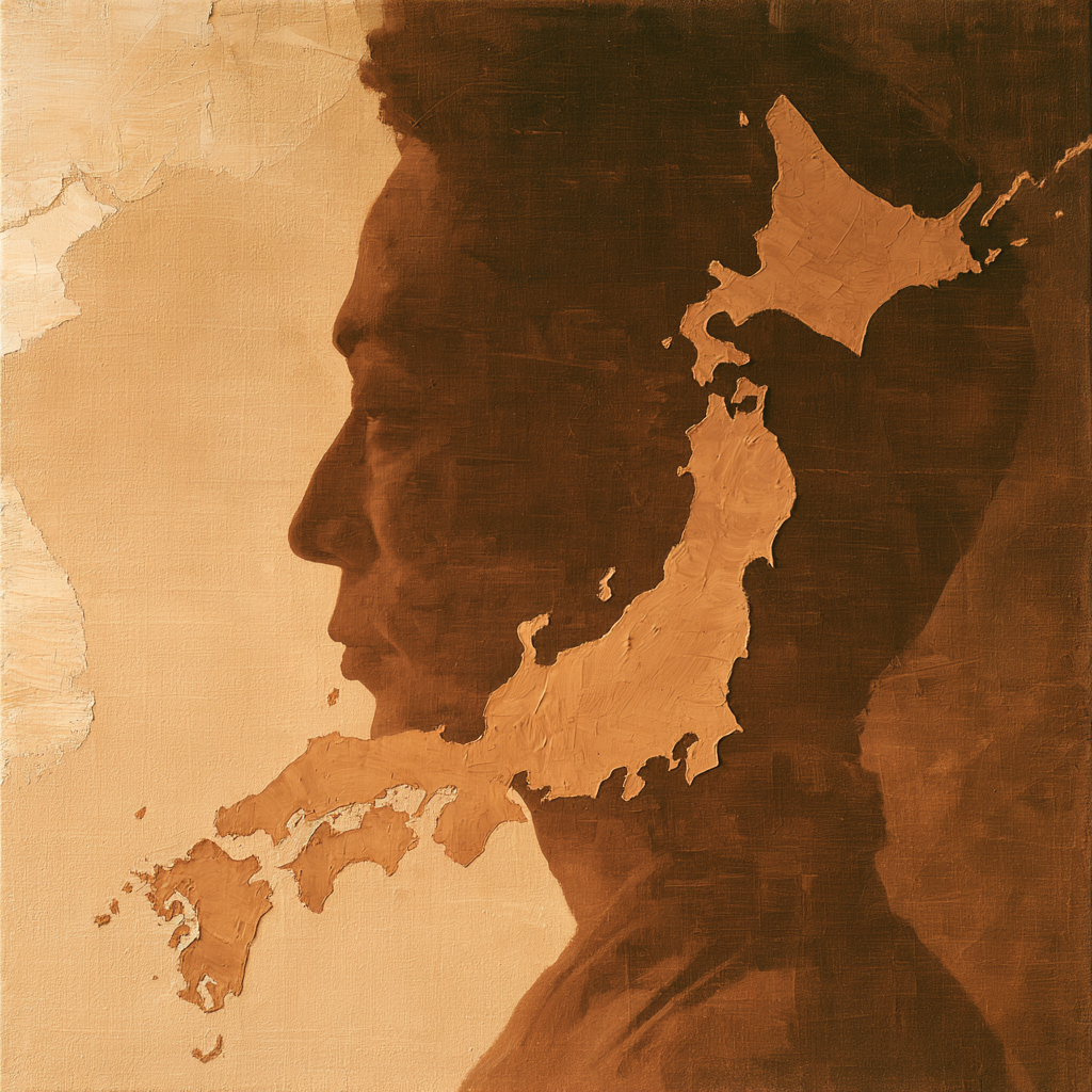 Aries 3 - A cameo silhouette profile of a Japanese man's head and shoulders, the outline subtly merging into the coastline and borders of Japan's map