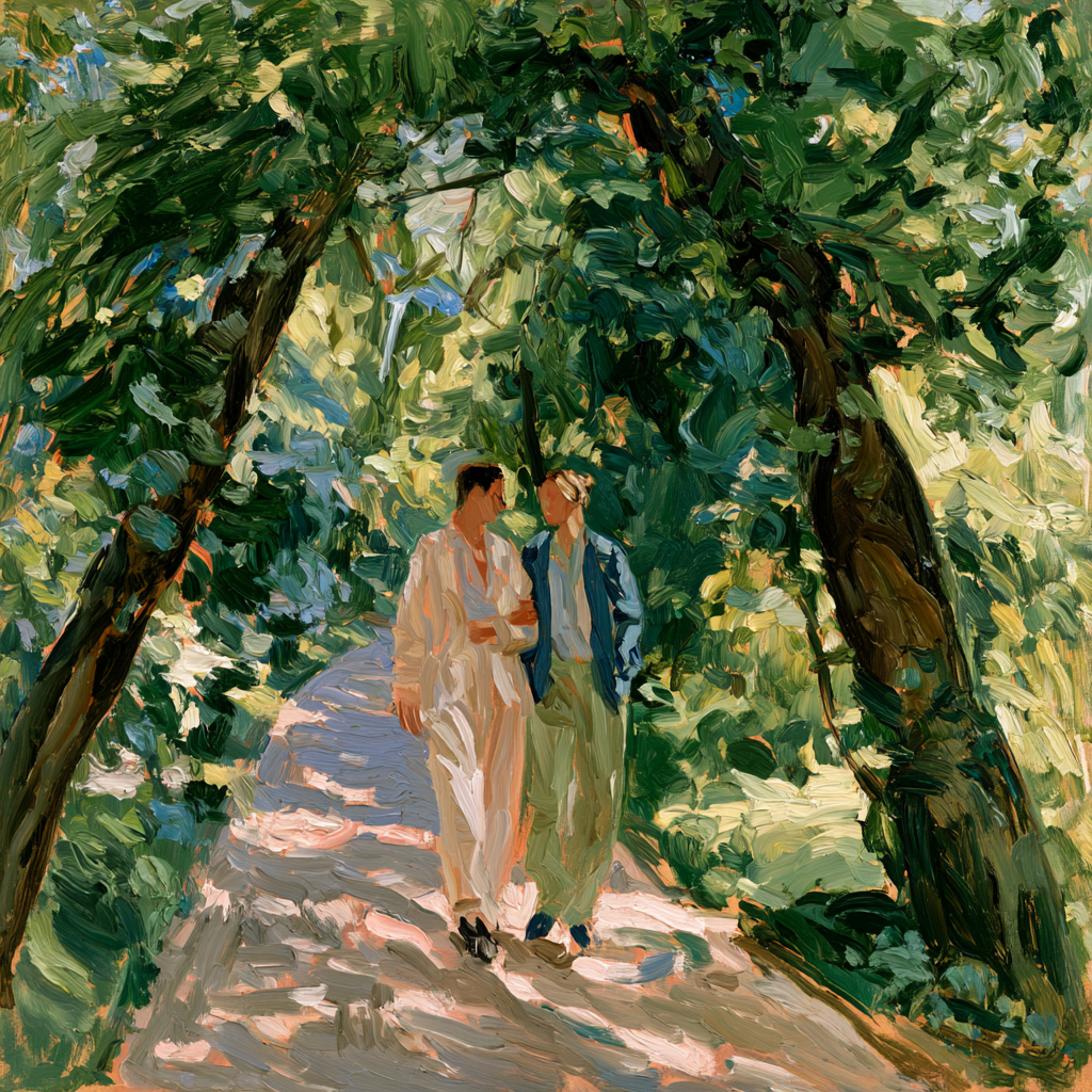 Pisces 4 - Two androgynous lovers strolling arm in arm along a secluded, tree-lined path