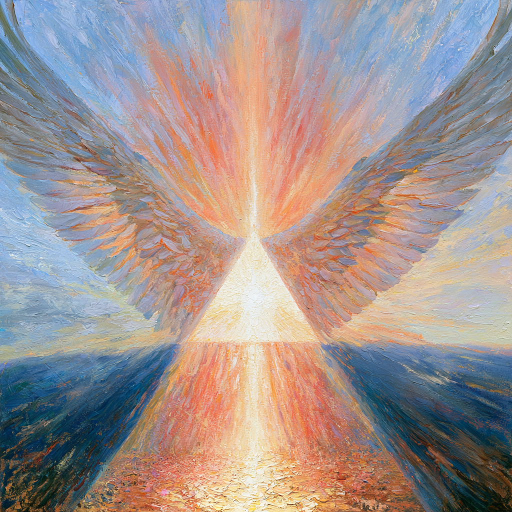 Aries 5 - A glowing triangle with wide, feathered wings unfurled, rising through a luminous sky