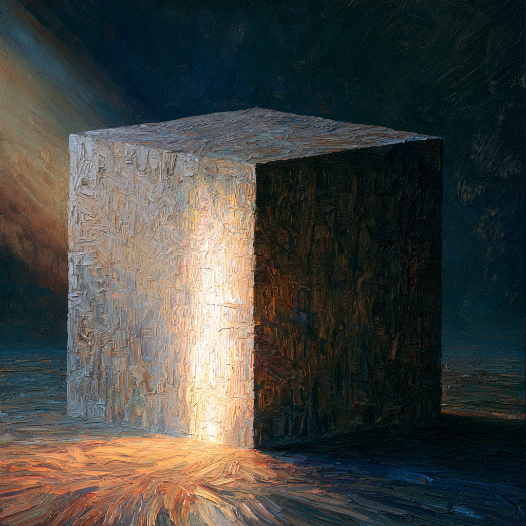 Aries 6 - A large stone square standing alone, one side catching brilliant, focused light