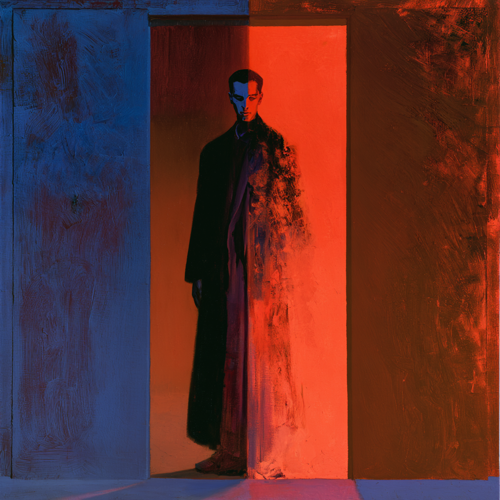 Aries 7 - A man standing at a threshold, one half of his figure bathed in earthly, material light and the other half in ethereal, spiritual glow