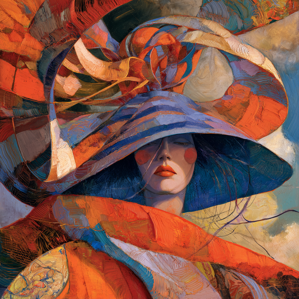 Aries 8 - A large, elaborate woman's hat with long streamers caught mid-flutter in a strong east wind