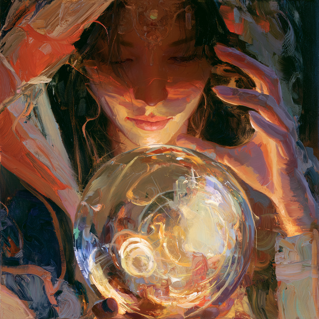 Aries 9 - A fortune teller gazing intently into a glowing crystal sphere, swirling luminous images taking shape within it