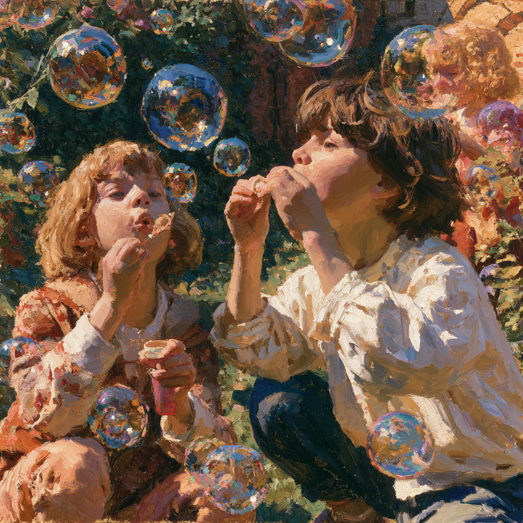 Children in a garden blowing soap bubbles