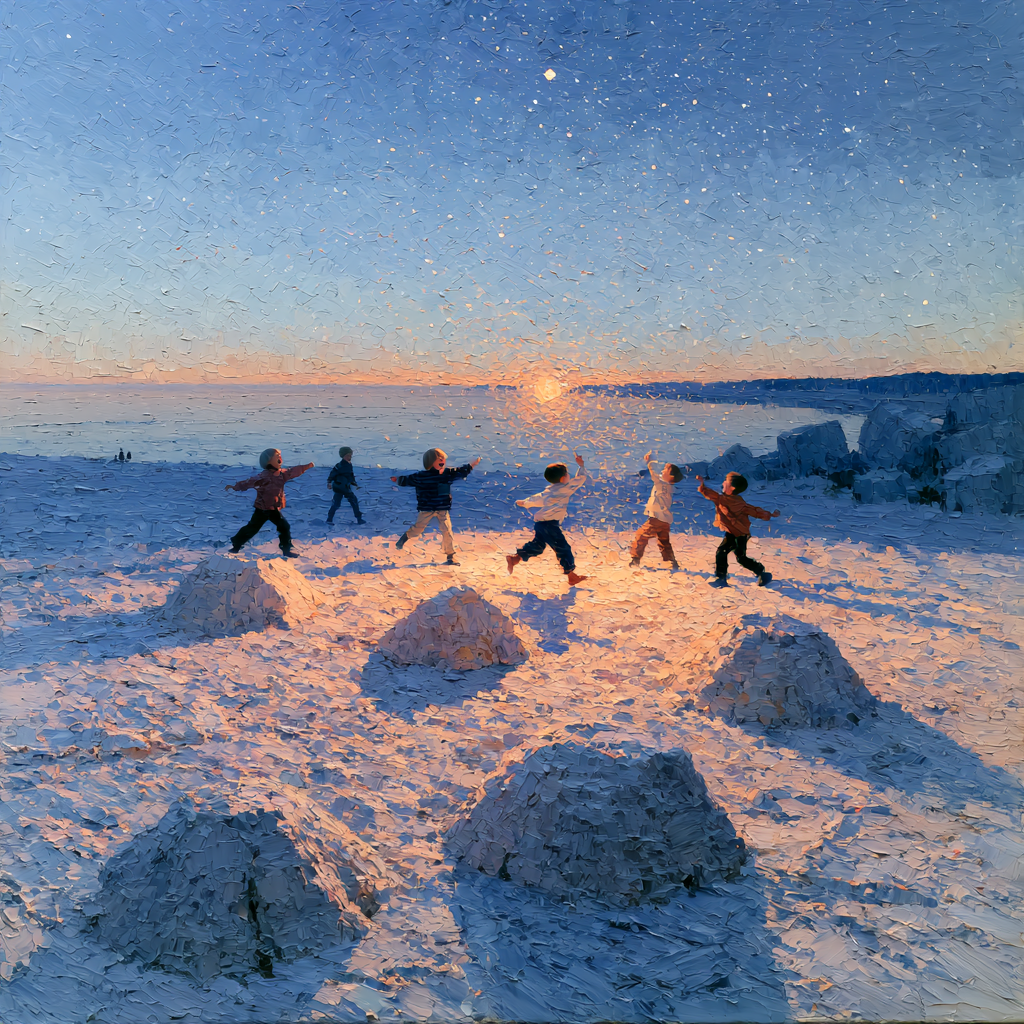 Children playing joyfully around five small mounds of pale sand