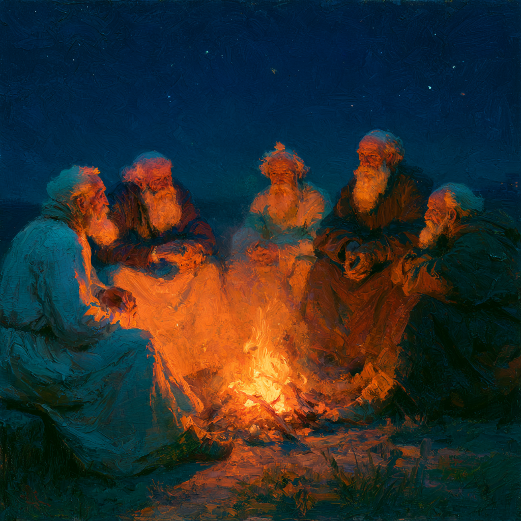 Sagittarius 1 - Elderly veterans gathered around a crackling campfire at night