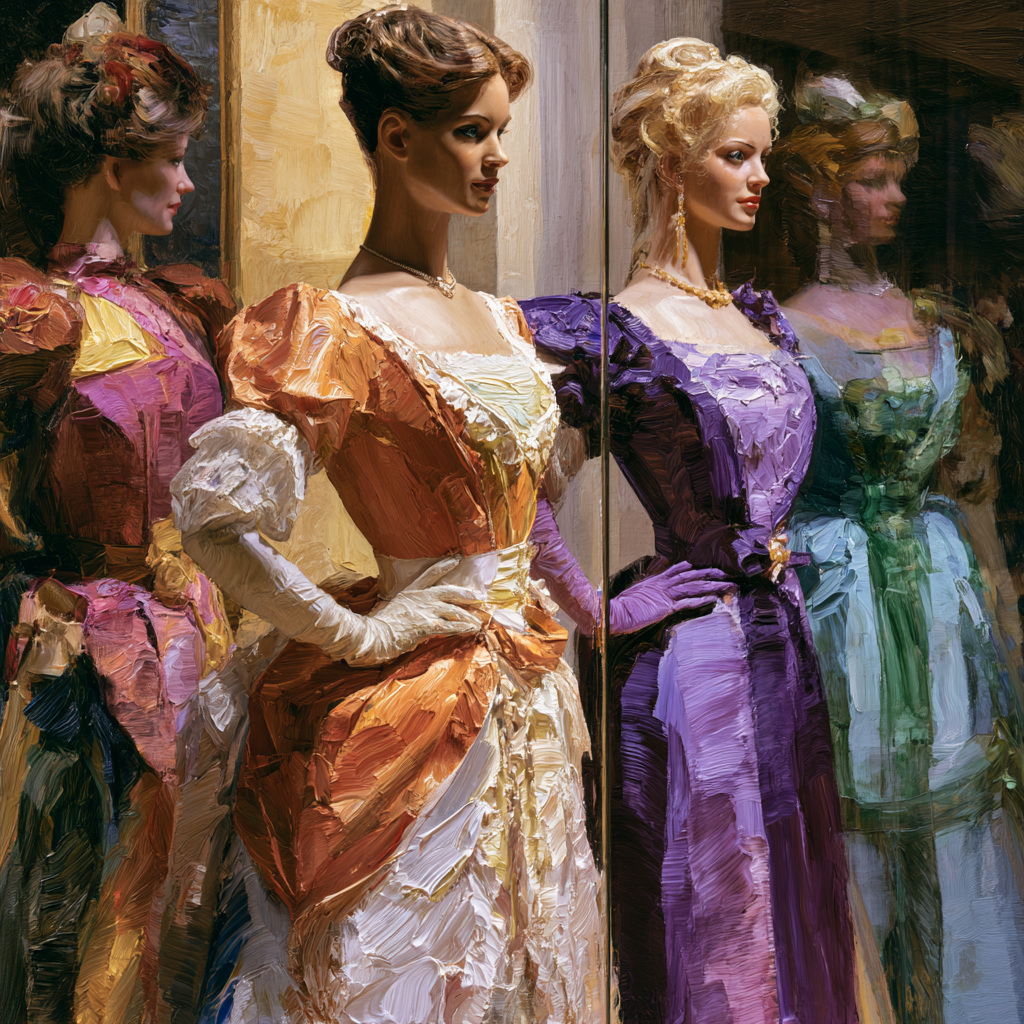 Aquarius 8 - Elegant wax figures in richly detailed period gowns displayed behind a glass in soft museum lighting