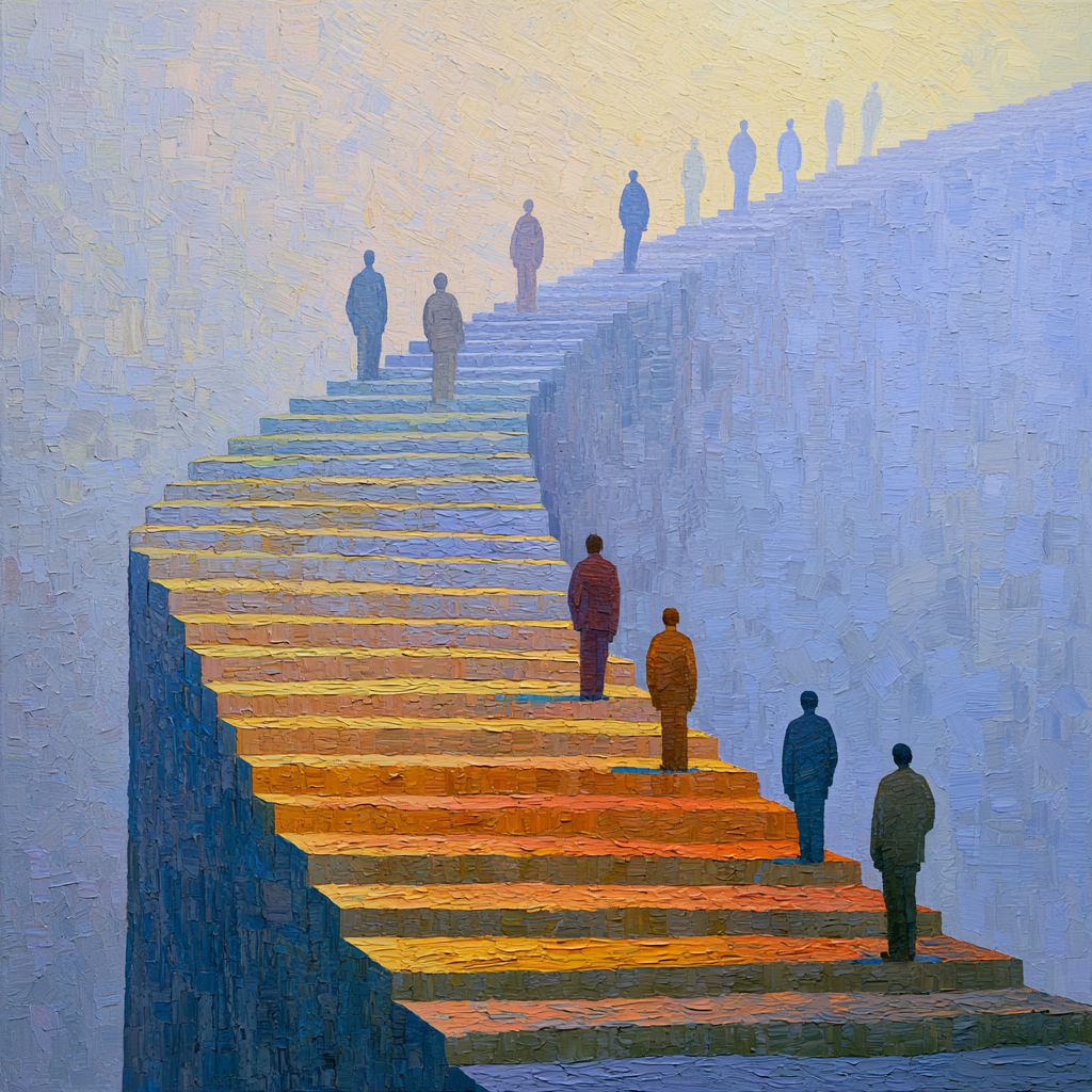 Aquarius 12 - A vast, sweeping staircase ascending into misty light, figures of varied form standing each at different heights along its climb