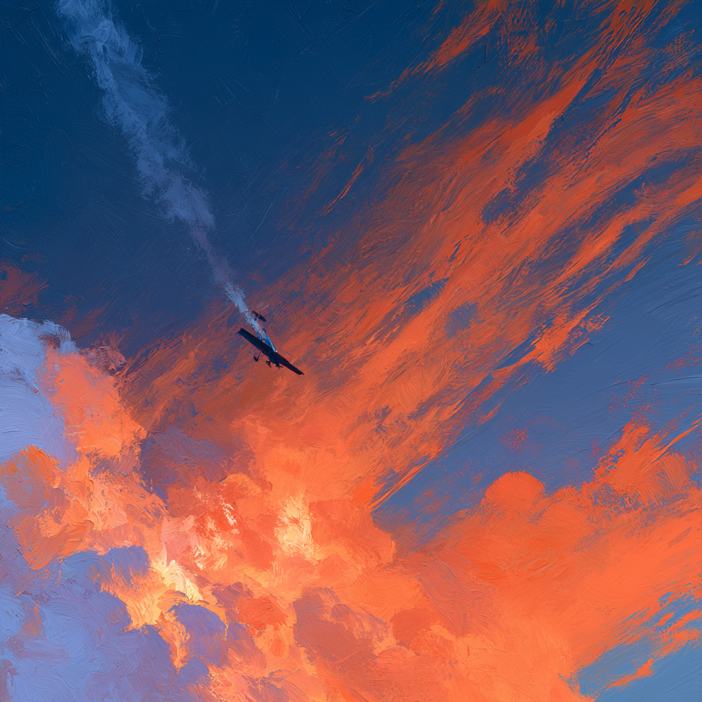 Gemini 10 - A small airplane caught mid nose-dive against a dramatic sky