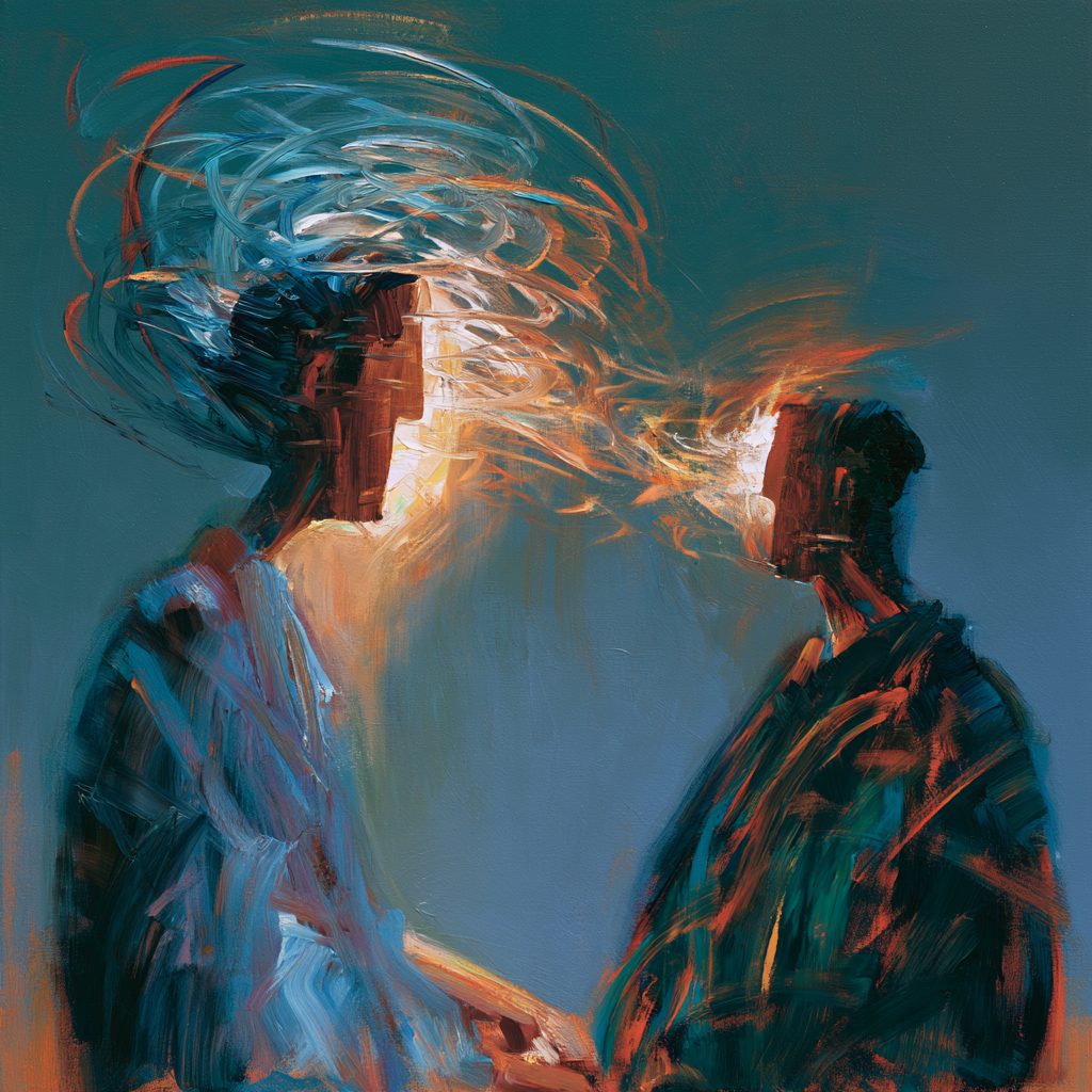 Gemini 14 - Two figures seated apart in quiet, still communication, waves of telepathy are circulating between them