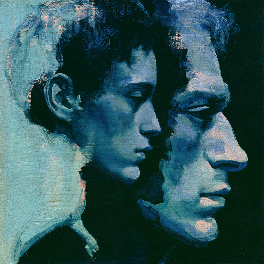 Gemini 17 - A youthful head gradually transforming into that of a mature thinker