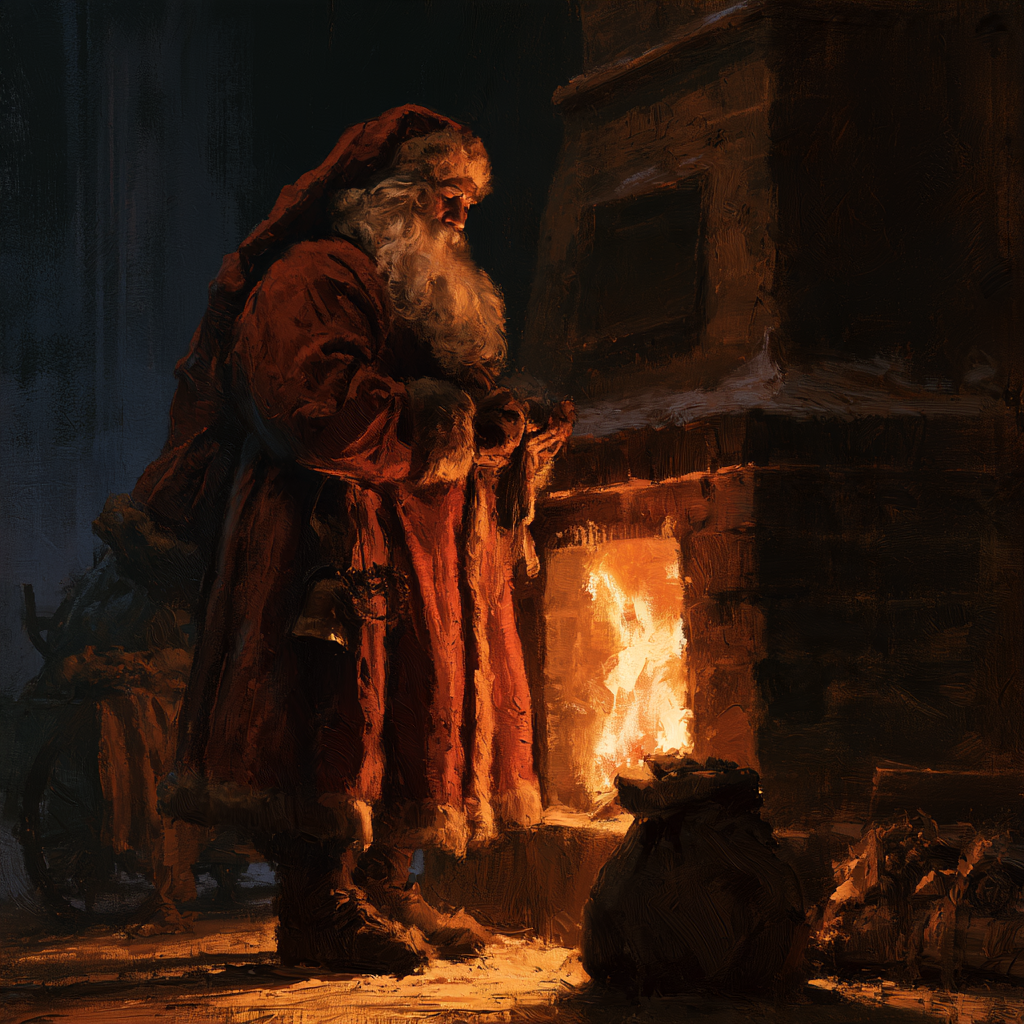 Taurus 2 - Santa Claus quietly standing next to a closed glowing chimney late at night
