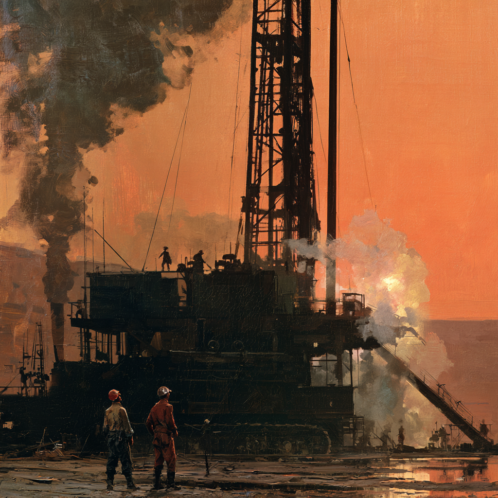 Gemini 6 - Workmen operating a tall oil drilling rig against a dusty, industrial landscape in a desert
