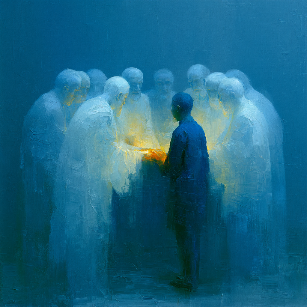 Aquarius 5 - Ghostly, luminous figures of ancestors gathered in a circle around a young leader
