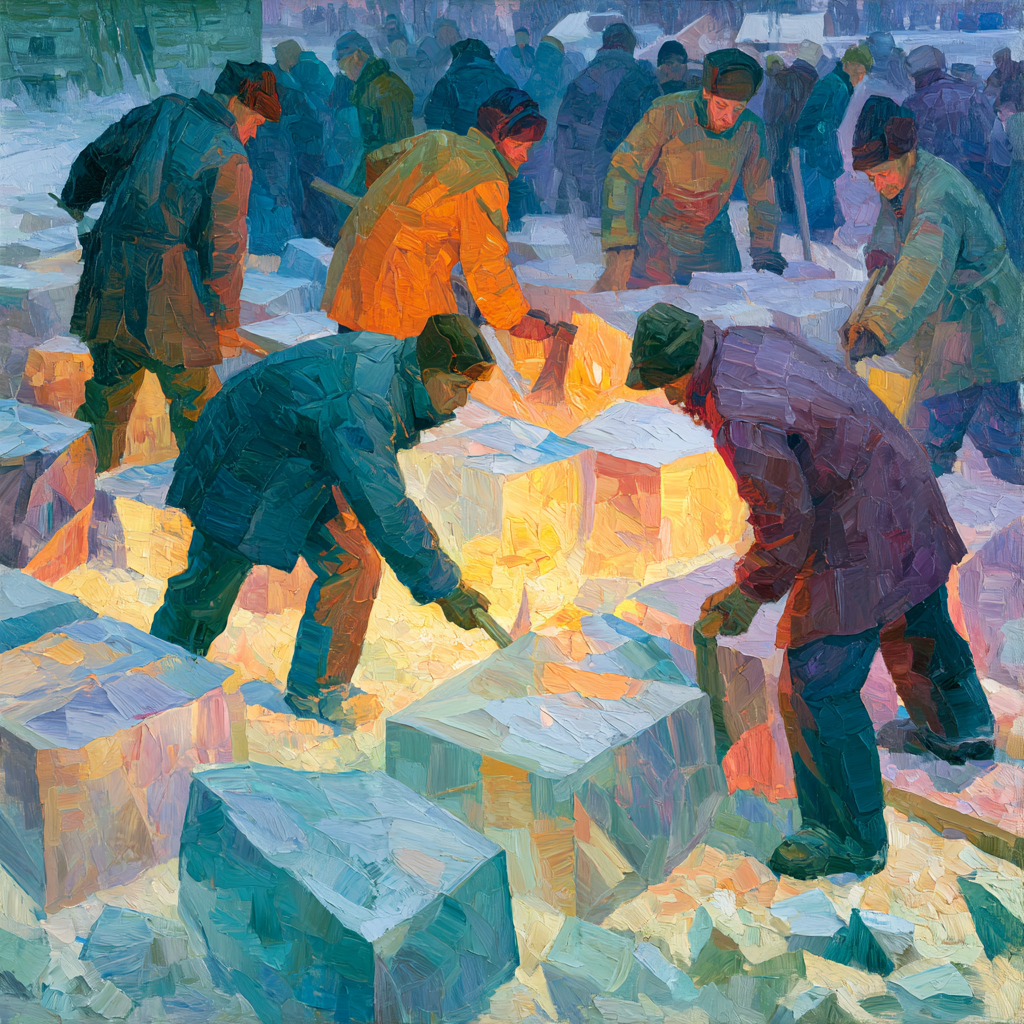Sagittarius 20 - Men in heavy winter clothing cutting large blocks of ice