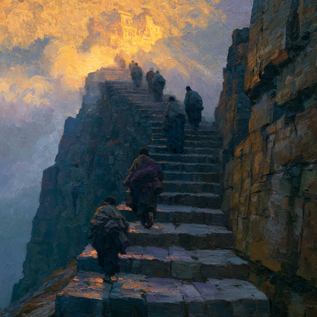Capricorn 27 - Pilgrims in worn traveling clothes climbing an ancient stone staircase carved into a mountainside toward a distant shrine